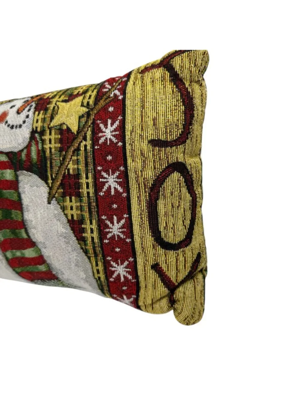 Christmas Tapestry Pillow Snowman Joy Winter Holiday Stars Green Red Gold White